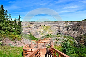 Wooden trail through the badlands of Horseshoe Canyon, Drumheller, Canada