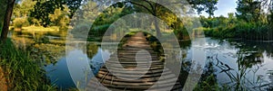 Wooden Trail near Lake, Wood River Path Landscape, Old Water Bridge, Pond Touristic Wooden Pathway