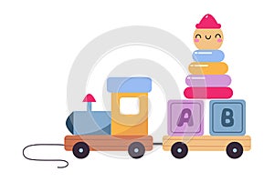Wooden Train with Abc Blocks and Pyramid as Colorful Kids Toy Vector Illustration