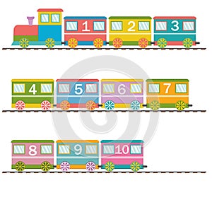 Wooden train with carriages and numbers, back to school, color vector illustration in flat style