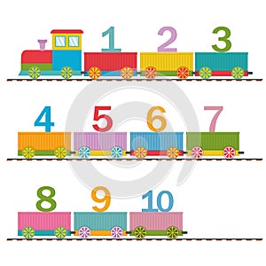 Wooden train with carriages and numbers, back to school, color vector illustration in flat style