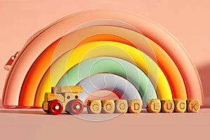 a wooden train with cubes with the inscription good luck on the background of a voluminous bright rainbow
