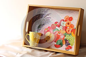 Wooden tray and ceramic coffee cup