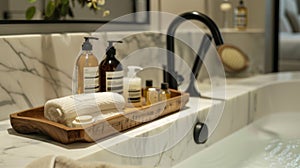 A wooden tray filled with luxurious bath products sits next to the tub ready for you to pamper yourself. 2d flat cartoon photo