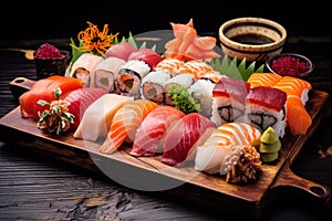 A wooden tray filled with various types of sushi, presenting a vibrant and appetizing display of authentic Japanese cuisine, A