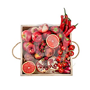 Wooden tray with fresh red vegetables and fruits on white background. Healthy eating vegetarian concept.