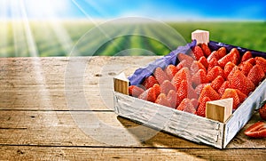 Wooden tray of fresh ripe red strawberries