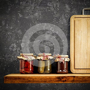 Wooden tray and jars on wooden shelf. Copy space for your decoration and products. Dark gray retro wall background.