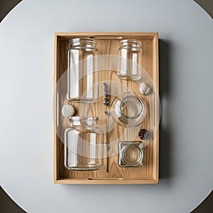 Arrangement is minimalistic with a focus on the clear glass and