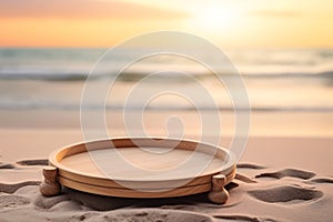 Wooden Tray Podium on Sand Beach, Morning Light