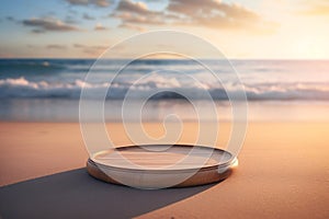 Wooden Tray Podium on Sand Beach, Morning Light