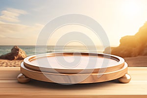 Wooden Tray Podium on Sand Beach, Morning Light