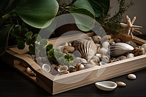 Wooden tray with seashells, pebbles and driftwood, plant in the background for a touch of green