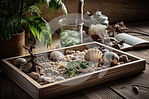 Wooden tray with seashells, pebbles and driftwood, plant in the background for a touch of green