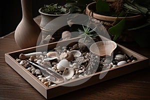 Wooden tray with seashells, pebbles and driftwood, plant in the background for a touch of green