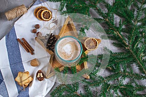 Wooden Tray Star Cup with Coffee Cappuccino Christmas Morning Cookies Decoration New Year Concept Winter Mood