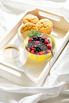 Wooden tray with tasty breakfast on bed. Espresso, banana muffins, cottage cheese with blueberry and raspberry