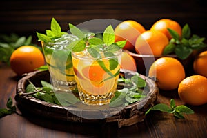 Wooden Tray with Two Glasses of Orange Juice