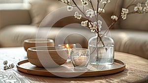 A wooden tray with two vases and a candle on it, AI