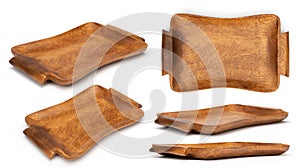 Wooden trays for breakfast isolated on white. Set of wood trays in different angles shots in collage for your design.