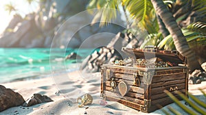 wooden treasure chest put on the beach, Pirate treasure