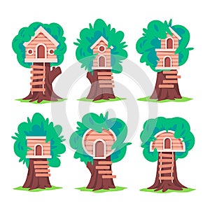 Wooden tree house with stairs childhood outdoor activities set collecton of vector graphic