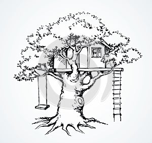 Wooden tree house. Vector drawing