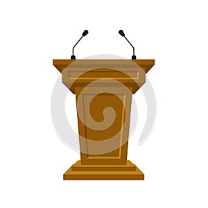 Wooden tribune stand rostrum with microphones on white background. Podium or pedestal stand for speech or public pulpit
