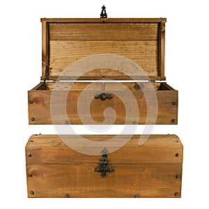 Wooden trunk opened and closed isolated