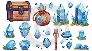 Wooden trunk or sack with blue crystals. Trophy growth, level reward, pirate loot, fantasy assets, gui elements, cartoon