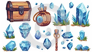 Wooden trunk or sack with blue crystals. Trophy growth, level reward, pirate loot, fantasy assets, gui elements, cartoon photo