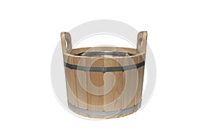 Wooden tub held by two steel hoops isolated on whitetub, wooden tank for water