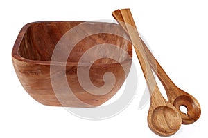 Wooden tureen with two wooden spoons photo
