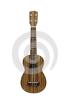 Wooden ukulele on a white wall background, isolate