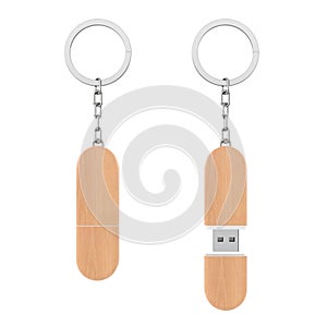 Wooden USB Flash Memory Drive Key Chain Mockup. 3d Rendering