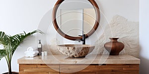 Wooden vanity with stone round vessel sink and mirror in frame on white wall. Interior design