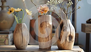 Wooden vase with flowers adds elegance to rustic home decor photo