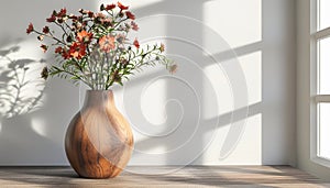 Wooden vase with flowers adds elegance to rustic home decor photo