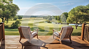 wooden veranda at a resort with two armchairs and tranquil sunrise view over the golf course