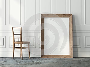Wooden vertical Frame Mockup standing on the floor near wooden chair in room