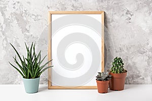 Wooden vertical frame with white blank card, and green houseplants flowers in pot on table on gray concrete wall background.