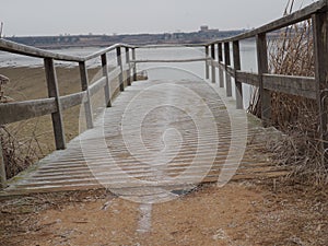 Wooden viewpoint at lake ivars and vila sana, lerida, spain, europe