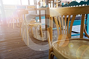 Wooden Vintage chairs in cafe, modern cozy interior