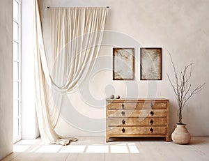 Wooden vintage dresser and two frames on beige stucco wall. Interior design of modern living room with curtain. Created with