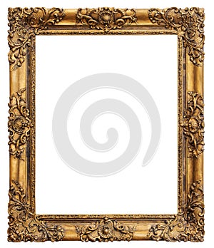 Wooden vintage rectangular gilded antique empty picture frame isolated on white background