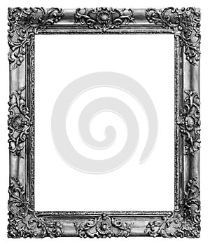 Wooden vintage rectangular silver-plated, silver antique empty picture frame isolated on white background