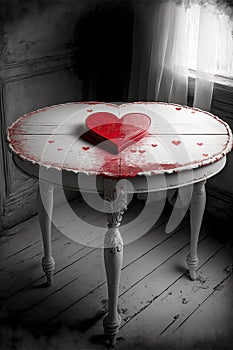 A wooden vintage table with a red heart, ai generated