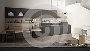 Wooden vintage table top or shelf with candles and pebbles, zen mood, over modern gray and wooden kitchen with wooden staircase,