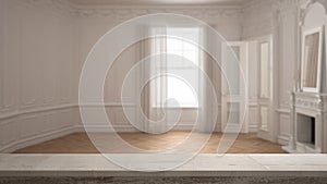 Wooden vintage table top or shelf closeup, zen mood, over blurred classic empty room with big window with fireplace, white archite