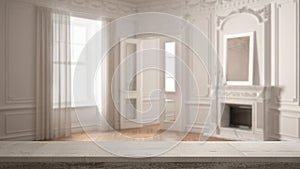 Wooden vintage table top or shelf closeup, zen mood, over blurred classic empty room with big window with fireplace, white archite